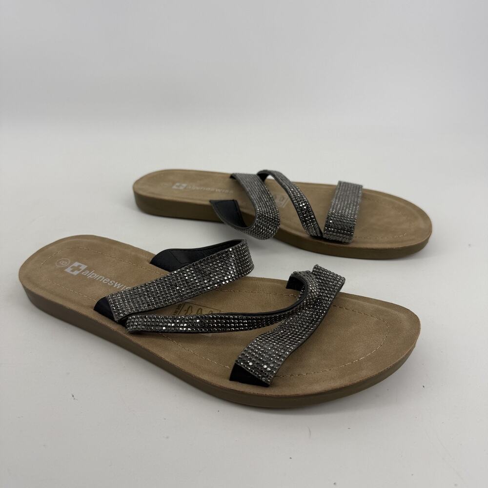 Alpine Swiss Sandals Womens Size 8 Silver Rhinestone Slide Dressy Summer Comfort